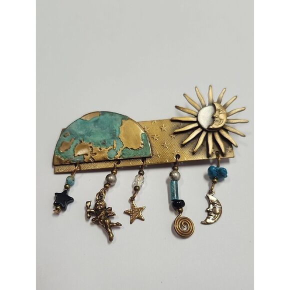 Kirks Folly Cherub Putti Cupid Valentine Moon Stars Vintage  Vintage Bar Brooch With Charms Sun Cupid Stars Moon